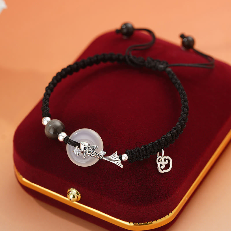 Buddha Stones Ręcznie robione Chalcedon Klamra Pokoju Ryba Koi 925 Srebro Pleciony Sznurek Pozytywna Bransoletka dla Par