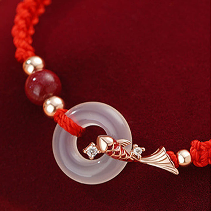 Buddha Stones Ręcznie robione Chalcedon Klamra Pokoju Ryba Koi 925 Srebro Pleciony Sznurek Pozytywna Bransoletka dla Par
