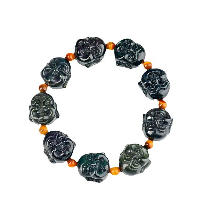 Bransoletka z Buddha Stones , tęczowy obsydian, śmiejący się Budda, pozytywna transformacja