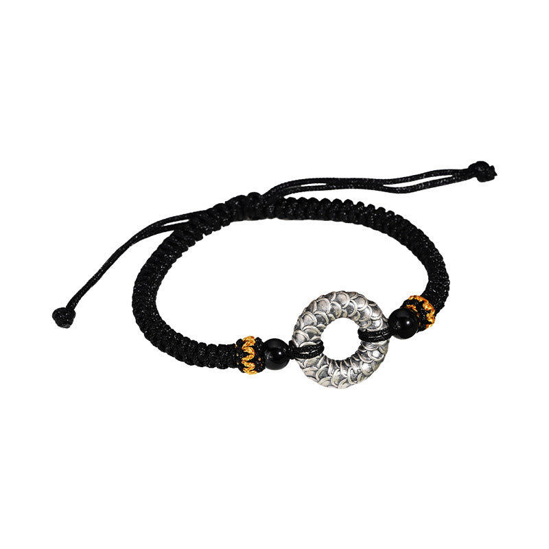 Buddha Stones Ręcznie robione Czarny Onyks 999 Srebro Sterlingowe Klamra Pokoju Smok Czarny Sznurek Szczęścia Bransoletka Pleciona