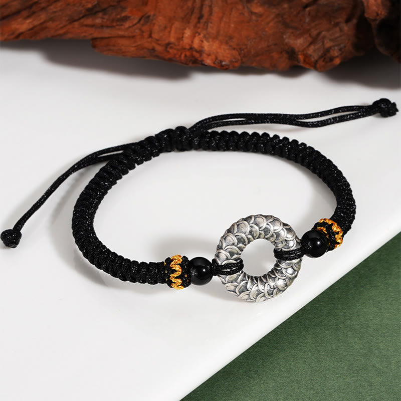 Buddha Stones Ręcznie robione Czarny Onyks 999 Srebro Sterlingowe Klamra Pokoju Smok Czarny Sznurek Szczęścia Bransoletka Pleciona