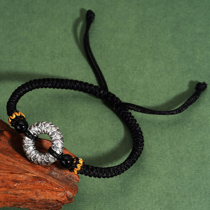 Buddha Stones Ręcznie robione Czarny Onyks 999 Srebro Sterlingowe Klamra Pokoju Smok Czarny Sznurek Szczęścia Bransoletka Pleciona