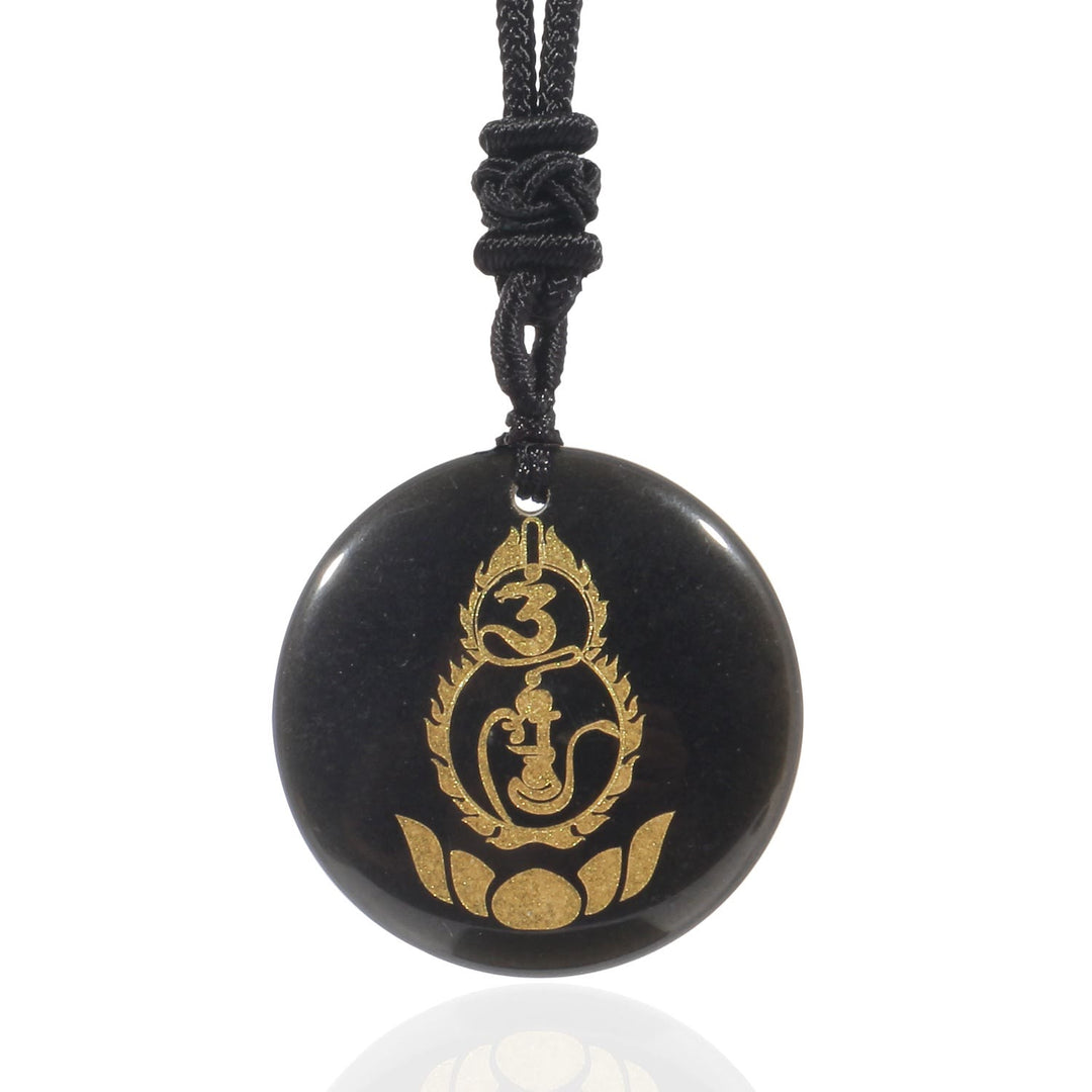 Buddha Stones Tykwa Lotos Wzór Postumentu Wadżra Ochrona Mantra Naturalny Różnorodny Kryształ Czarny Obsydian Spełnienie Naszyjnik Wisiorek - Czarny obsydian - image 1