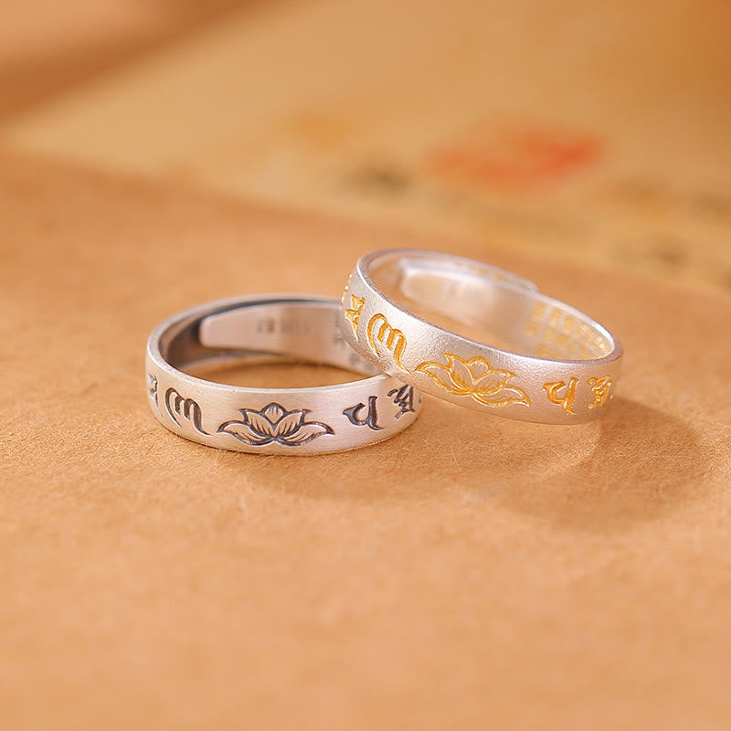 Buddha Stones 999 Srebro Sterlingowe Lotus Sześć Prawdziwych Słów 'om Mani Padme Hum' Regulowany Pierścień Oświecenia - image 0