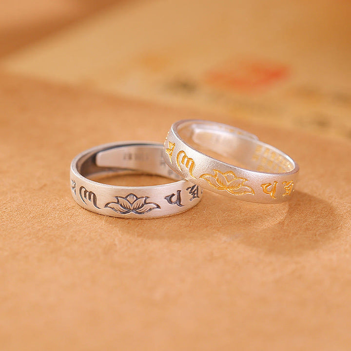 Buddha Stones 999 Srebro Sterlingowe Lotus Sześć Prawdziwych Słów 'om Mani Padme Hum' Regulowany Pierścień Oświecenia - image 0