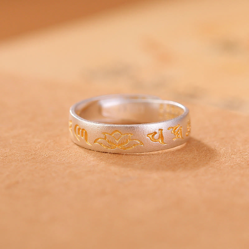 Buddha Stones 999 Srebro Sterlingowe Lotus Sześć Prawdziwych Słów 'om Mani Padme Hum' Regulowany Pierścień Oświecenia - Srebro próby 999, złoty lotos (średnica wewnętrzna 54 mm-60 mm) - image 11