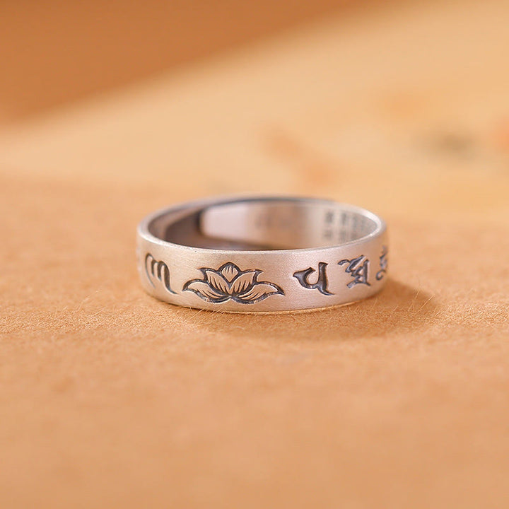 Buddha Stones 999 Srebro Sterlingowe Lotus Sześć Prawdziwych Słów 'om Mani Padme Hum' Regulowany Pierścień Oświecenia - Srebrny lotos próby 999 (obwód wewnętrzny 54 mm-60 mm) - image 4