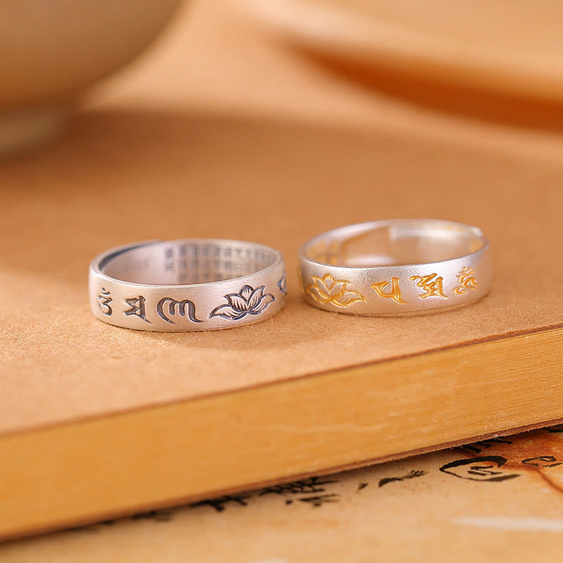 Buddha Stones 999 Srebro Sterlingowe Lotus Sześć Prawdziwych Słów 'om Mani Padme Hum' Regulowany Pierścień Oświecenia - image 1