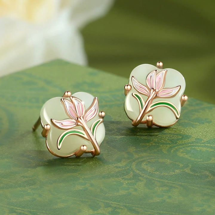 Buddha Stones Hetian Jade Magnolia Chalcedon 925 Srebro Sterling Motyl Tykwa Szczęście