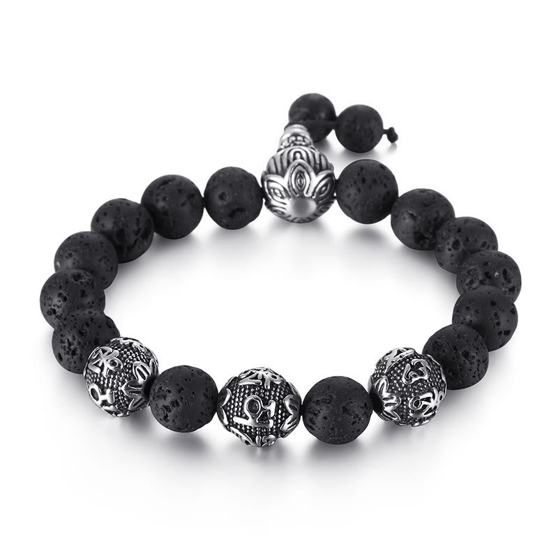 Buddha Stones Naturalne Tygrysie Oko Skała Lawowa Czarny Obsydian Tytan Stal Sześć Prawdziwych Słów Om Mani Padme Hum Bransoletka Ochronna