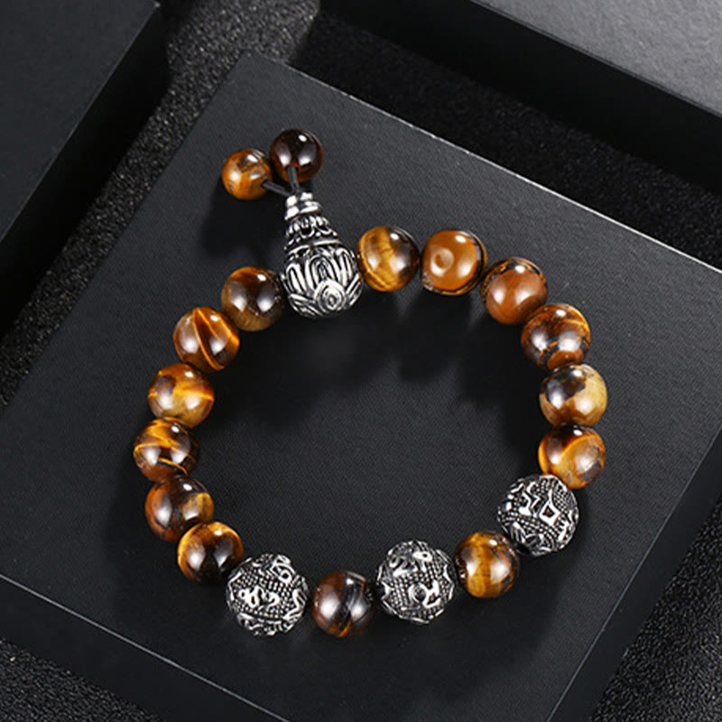 Buddha Stones Naturalne Tygrysie Oko Skała Lawowa Czarny Obsydian Tytan Stal Sześć Prawdziwych Słów Om Mani Padme Hum Bransoletka Ochronna