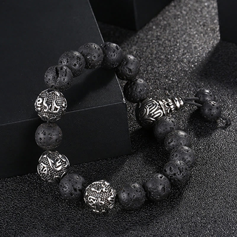 Buddha Stones Naturalne Tygrysie Oko Skała Lawowa Czarny Obsydian Tytan Stal Sześć Prawdziwych Słów Om Mani Padme Hum Bransoletka Ochronna