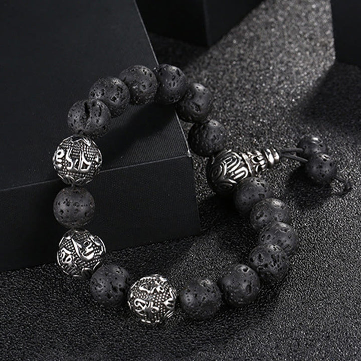 Buddha Stones Naturalne Tygrysie Oko Skała Lawowa Czarny Obsydian Tytan Stal Sześć Prawdziwych Słów Om Mani Padme Hum Bransoletka Ochronna
