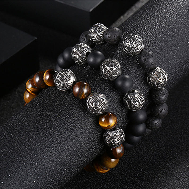 Buddha Stones Naturalne Tygrysie Oko Skała Lawowa Czarny Obsydian Tytan Stal Sześć Prawdziwych Słów Om Mani Padme Hum Bransoletka Ochronna