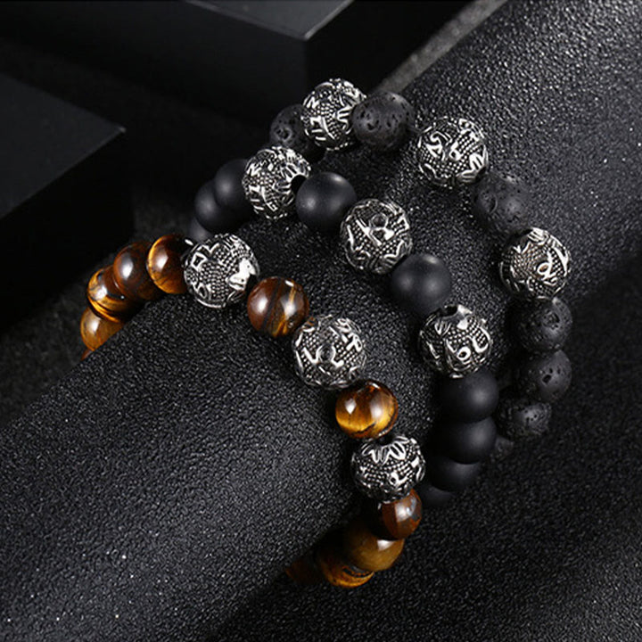 Buddha Stones Naturalne Tygrysie Oko Skała Lawowa Czarny Obsydian Tytan Stal Sześć Prawdziwych Słów Om Mani Padme Hum Bransoletka Ochronna