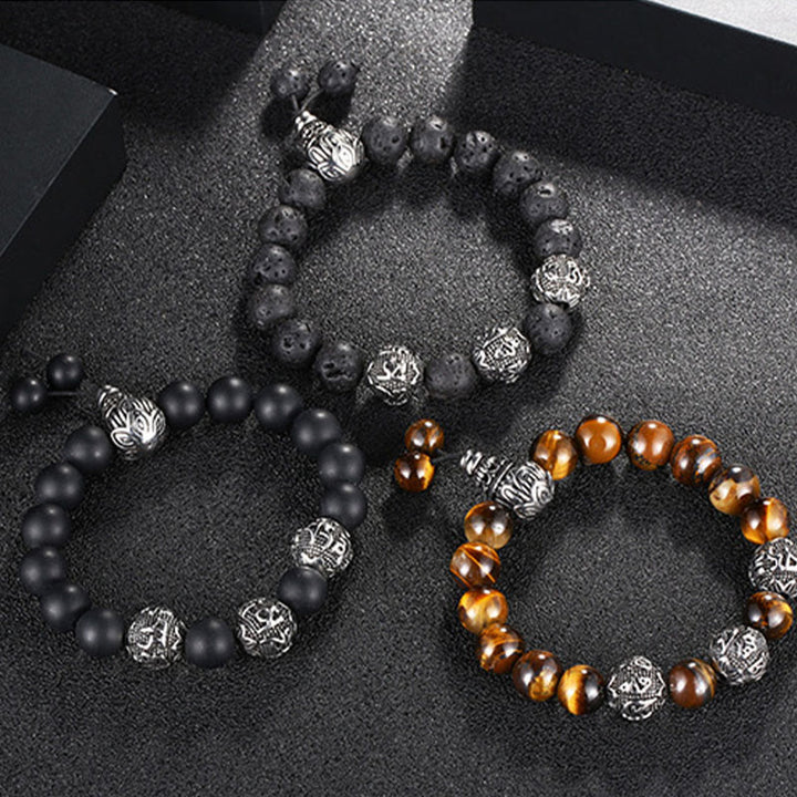 Buddha Stones Naturalne Tygrysie Oko Skała Lawowa Czarny Obsydian Tytan Stal Sześć Prawdziwych Słów Om Mani Padme Hum Bransoletka Ochronna