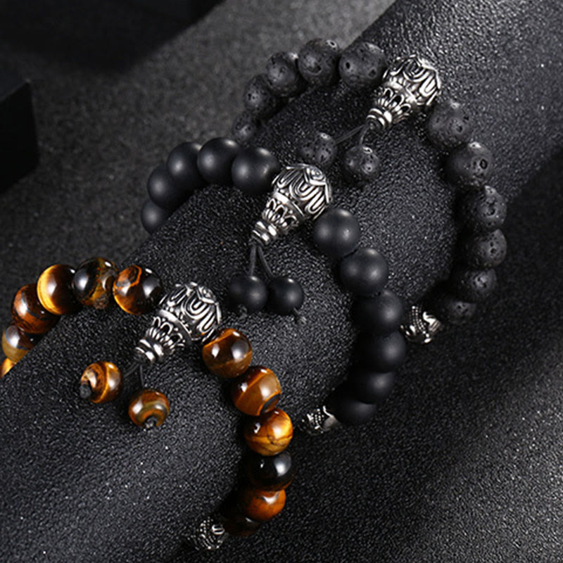 Buddha Stones Naturalne Tygrysie Oko Skała Lawowa Czarny Obsydian Tytan Stal Sześć Prawdziwych Słów Om Mani Padme Hum Bransoletka Ochronna