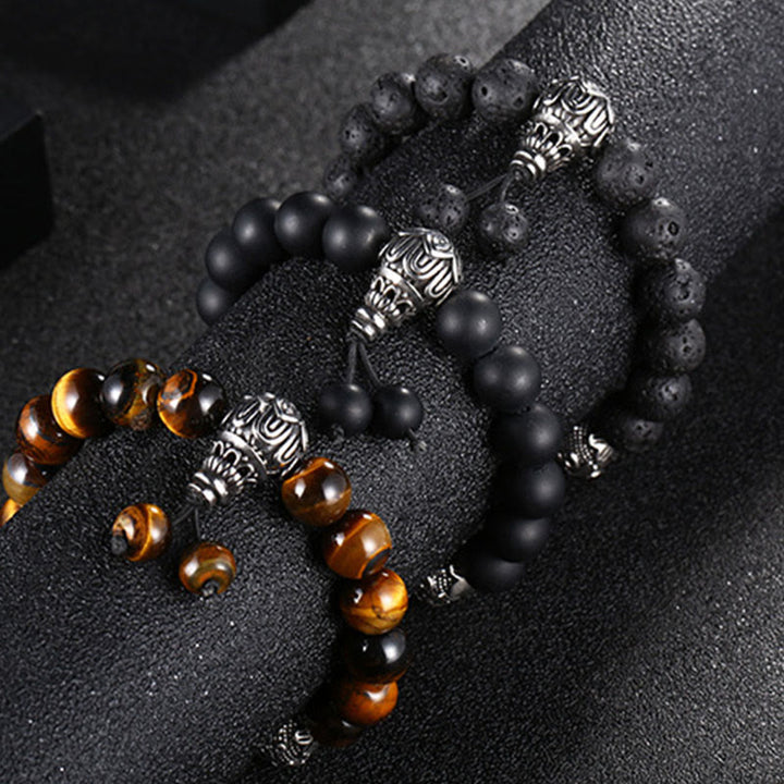 Buddha Stones Naturalne Tygrysie Oko Skała Lawowa Czarny Obsydian Tytan Stal Sześć Prawdziwych Słów Om Mani Padme Hum Bransoletka Ochronna