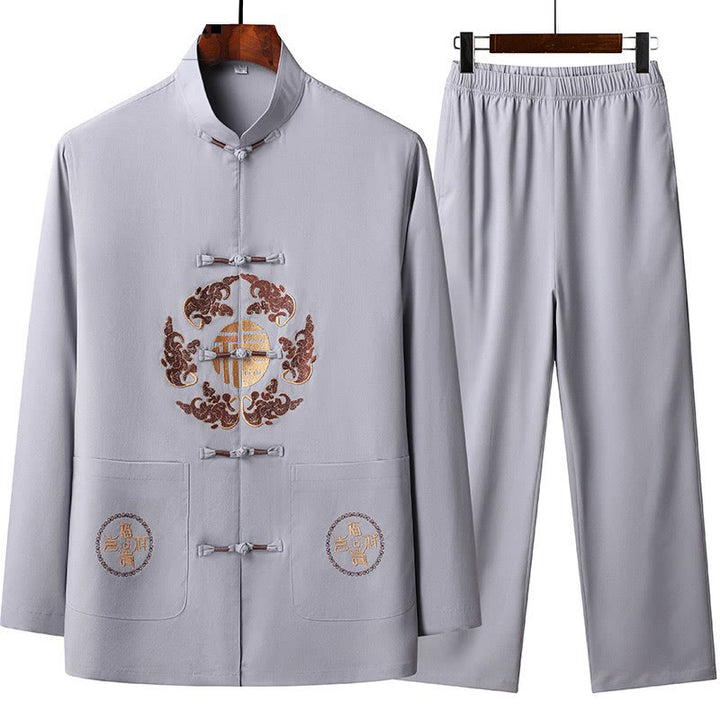 Buddha Stones Chiński Nowy Rok Haftowany Fu Tang Garnitur Hanfu Długi Rękaw Spodnie Odzież Męski Zestaw - Oset - US/UK/AU44， EU54 (4XL) - image 1