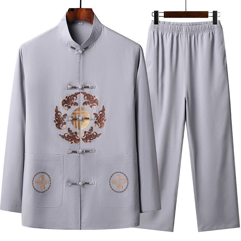Buddha Stones Chiński Nowy Rok Haftowany Fu Tang Garnitur Hanfu Długi Rękaw Spodnie Odzież Męski Zestaw - Oset - US/UK/AU44， EU54 (4XL) - image 1