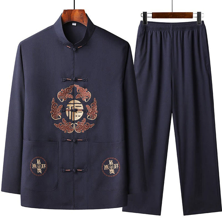 Buddha Stones Chiński Nowy Rok Haftowany Fu Tang Garnitur Hanfu Długi Rękaw Spodnie Odzież Męski Zestaw - MidnightBlue - US/UK/AU44， EU54 (4XL) - image 2