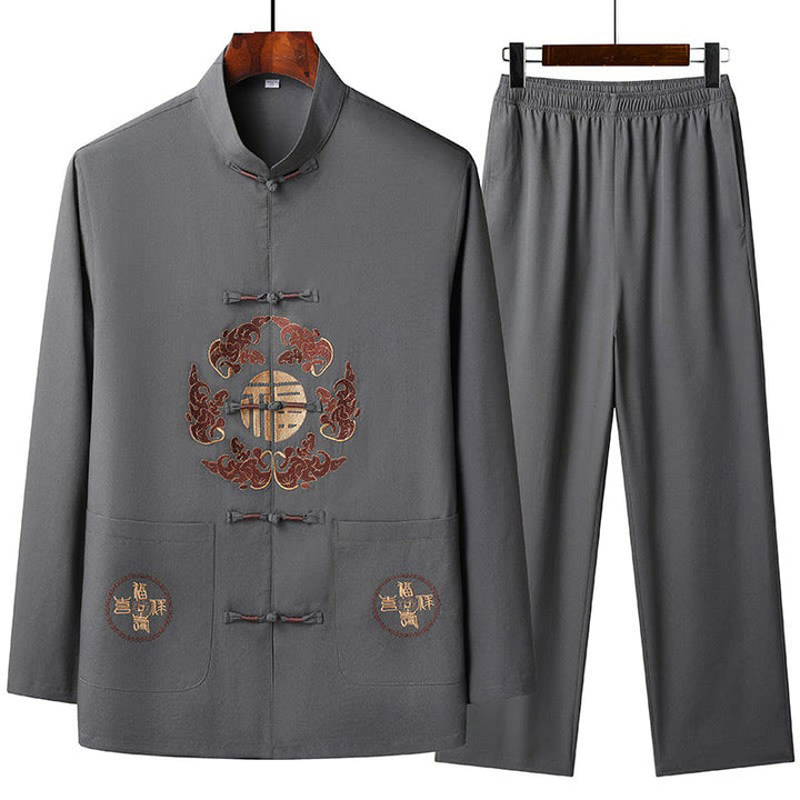 Buddha Stones Chiński Nowy Rok Haftowany Fu Tang Garnitur Hanfu Długi Rękaw Spodnie Odzież Męski Zestaw - DimGray - US/UK/AU44， EU54 (4XL) - image 4