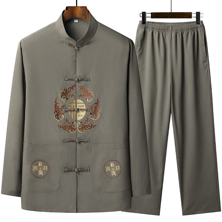 Buddha Stones Chiński Nowy Rok Haftowany Fu Tang Garnitur Hanfu Długi Rękaw Spodnie Odzież Męski Zestaw - Oliwkowy - US/UK/AU44， EU54 (4XL) - image 3