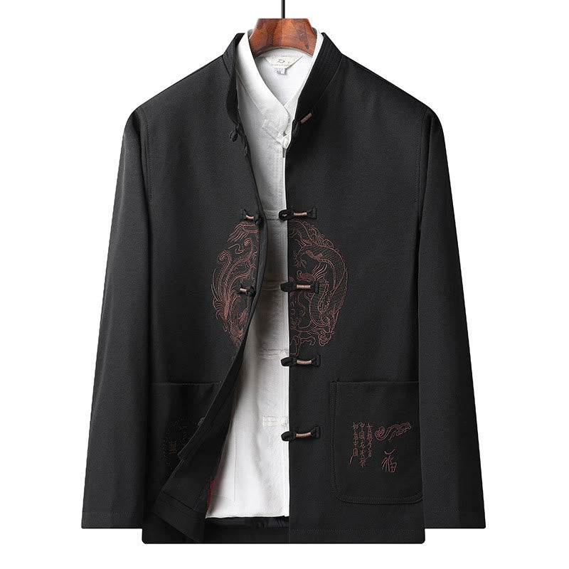 Buddha Stones Chiński Nowy Rok Haftowany Strój Tang Hanfu Tradycyjny Mundur Długi Rękaw Spodnie Odzież Męski Zestaw - Czarny top - US/UK/AU46， EU56 (5XL) - image 17