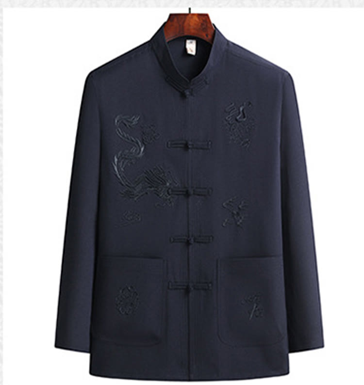 Buddha Stones Chiński Nowy Rok Haft Smok Żaba-guzik Tang Suit Hanfu Długi Rękaw Top Spodnie Odzież Męski Zestaw - image 9