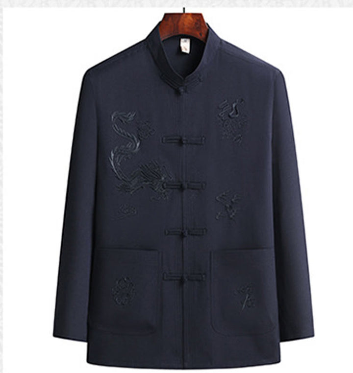 Buddha Stones Chiński Nowy Rok Haft Smok Żaba-guzik Tang Suit Hanfu Długi Rękaw Top Spodnie Odzież Męski Zestaw - image 9
