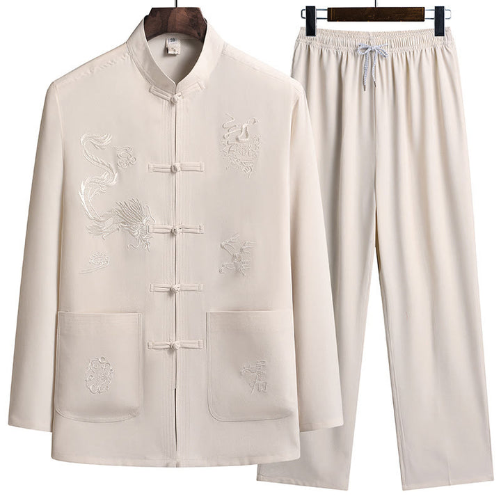 Buddha Stones Chiński Nowy Rok Haft Smok Żaba-guzik Tang Suit Hanfu Długi Rękaw Top Spodnie Odzież Męski Zestaw - Jasnozłoty - US/UK/AU44， EU54 (4XL) - image 17