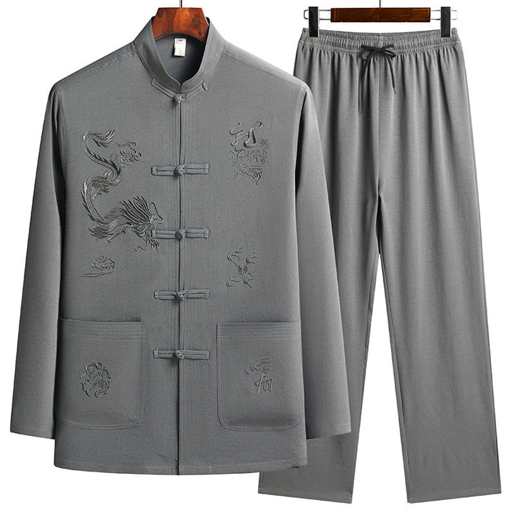 Buddha Stones Chiński Nowy Rok Haft Smok Żaba-guzik Tang Suit Hanfu Długi Rękaw Top Spodnie Odzież Męski Zestaw - DarkSeaGreen - US/UK/AU44， EU54 (4XL) - image 15