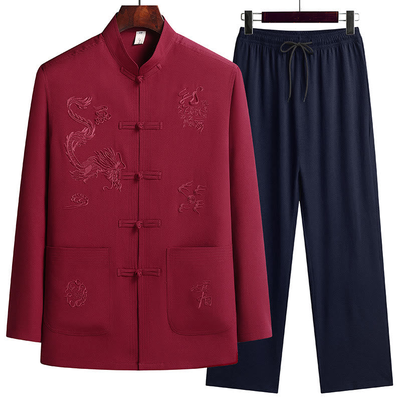 Buddha Stones Chiński Nowy Rok Haft Smok Żaba-guzik Tang Suit Hanfu Długi Rękaw Top Spodnie Odzież Męski Zestaw - Czerwony - US/UK/AU44， EU54 (4XL) - image 0