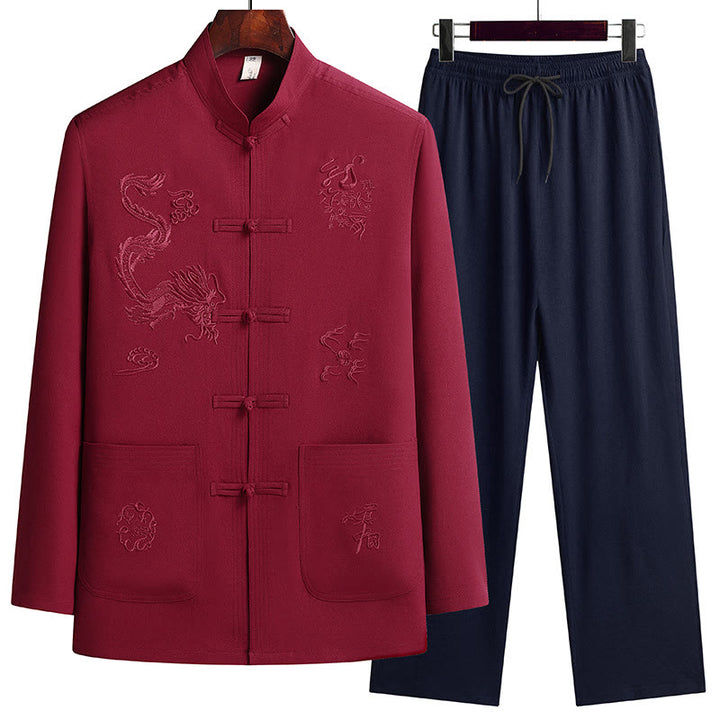Buddha Stones Chiński Nowy Rok Haft Smok Żaba-guzik Tang Suit Hanfu Długi Rękaw Top Spodnie Odzież Męski Zestaw - Czerwony - US/UK/AU44， EU54 (4XL) - image 0