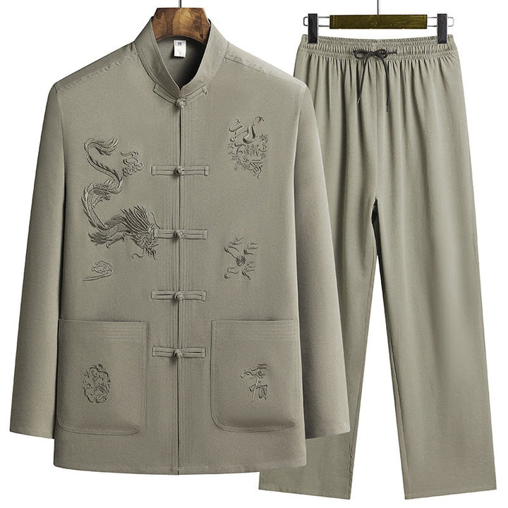 Buddha Stones Chiński Nowy Rok Haft Smok Żaba-guzik Tang Suit Hanfu Długi Rękaw Top Spodnie Odzież Męski Zestaw - Żółtozielony - US/UK/AU44， EU54 (4XL) - image 19