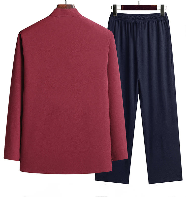 Buddha Stones Chiński Nowy Rok Haft Smok Żaba-guzik Tang Suit Hanfu Długi Rękaw Top Spodnie Odzież Męski Zestaw - image 1