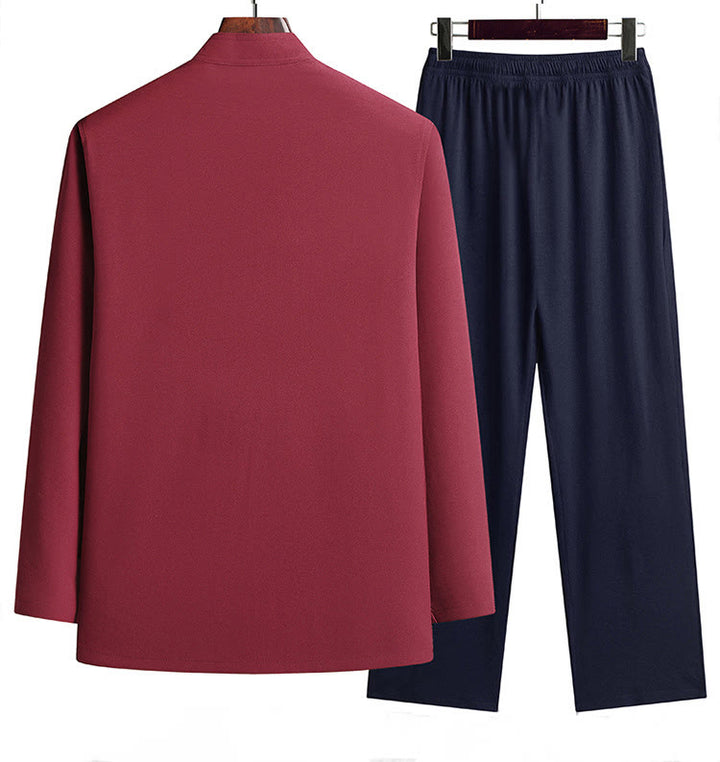 Buddha Stones Chiński Nowy Rok Haft Smok Żaba-guzik Tang Suit Hanfu Długi Rękaw Top Spodnie Odzież Męski Zestaw - image 1