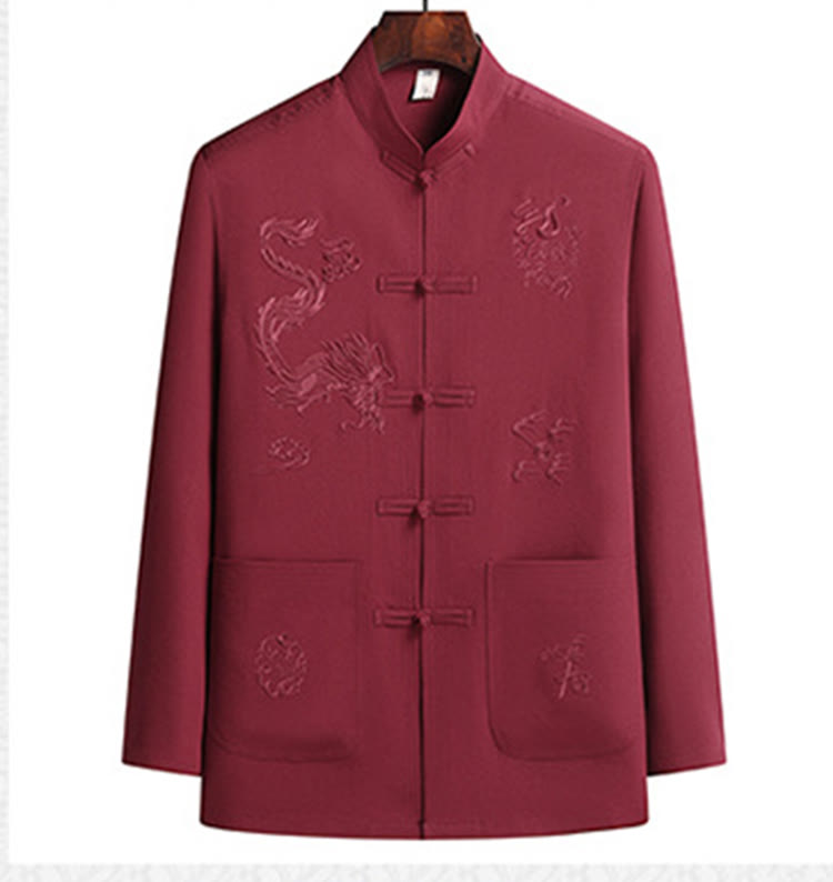 Buddha Stones Chiński Nowy Rok Haft Smok Żaba-guzik Tang Suit Hanfu Długi Rękaw Top Spodnie Odzież Męski Zestaw - image 2