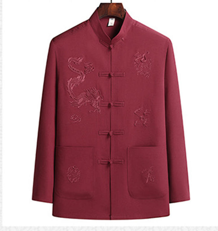 Buddha Stones Chiński Nowy Rok Haft Smok Żaba-guzik Tang Suit Hanfu Długi Rękaw Top Spodnie Odzież Męski Zestaw - image 2