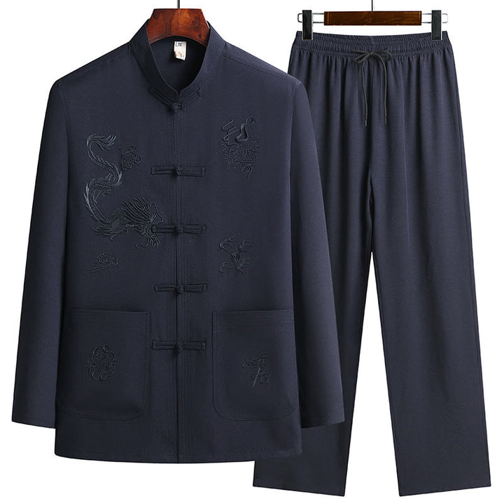 Buddha Stones Chiński Nowy Rok Haft Smok Żaba-guzik Tang Suit Hanfu Długi Rękaw Top Spodnie Odzież Męski Zestaw - Ciemnoniebieski - US/UK/AU44， EU54 (4XL) - image 8