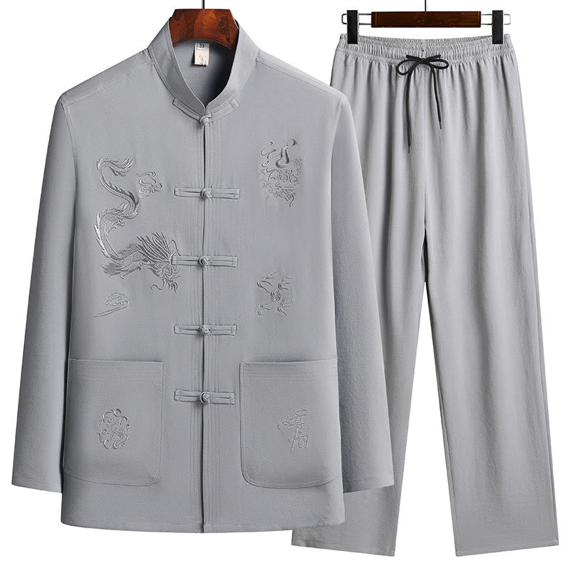 Buddha Stones Chiński Nowy Rok Haft Smok Żaba-guzik Tang Suit Hanfu Długi Rękaw Top Spodnie Odzież Męski Zestaw - Ciemnoszary - US/UK/AU44， EU54 (4XL) - image 10