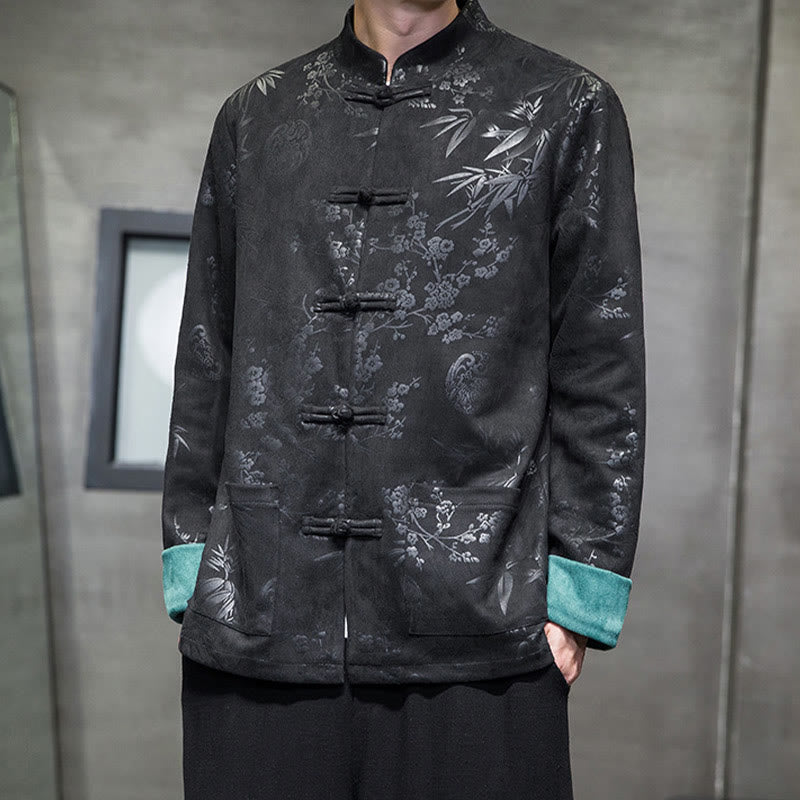 Buddha Stones Chiński Nowy Rok Ubrania Kwiaty Bambus Jednolity Kolor Mankiet Żabka Guzik Tang Garnitur Bawełna Męska Kurtka Koszula Z Kieszeniami - Czarny - US/UK/AU46， EU56 (5XL) - image 23