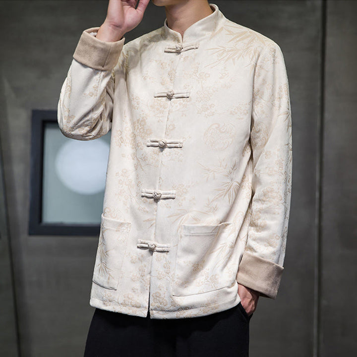 Buddha Stones Chiński Nowy Rok Ubrania Kwiaty Bambus Jednolity Kolor Mankiet Żabka Guzik Tang Garnitur Bawełna Męska Kurtka Koszula Z Kieszeniami - Beżowy - US/UK/AU46， EU56 (5XL) - image 43