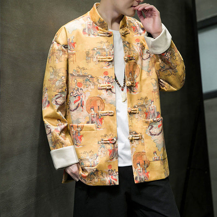 Buddha Stones Chińskie ubrania noworoczne Starożytne malowanie postaci Jednolity kolor mankiet Żaba-guzik Tang Suit Bawełniana męska kurtka koszula z kieszeniami - image 14