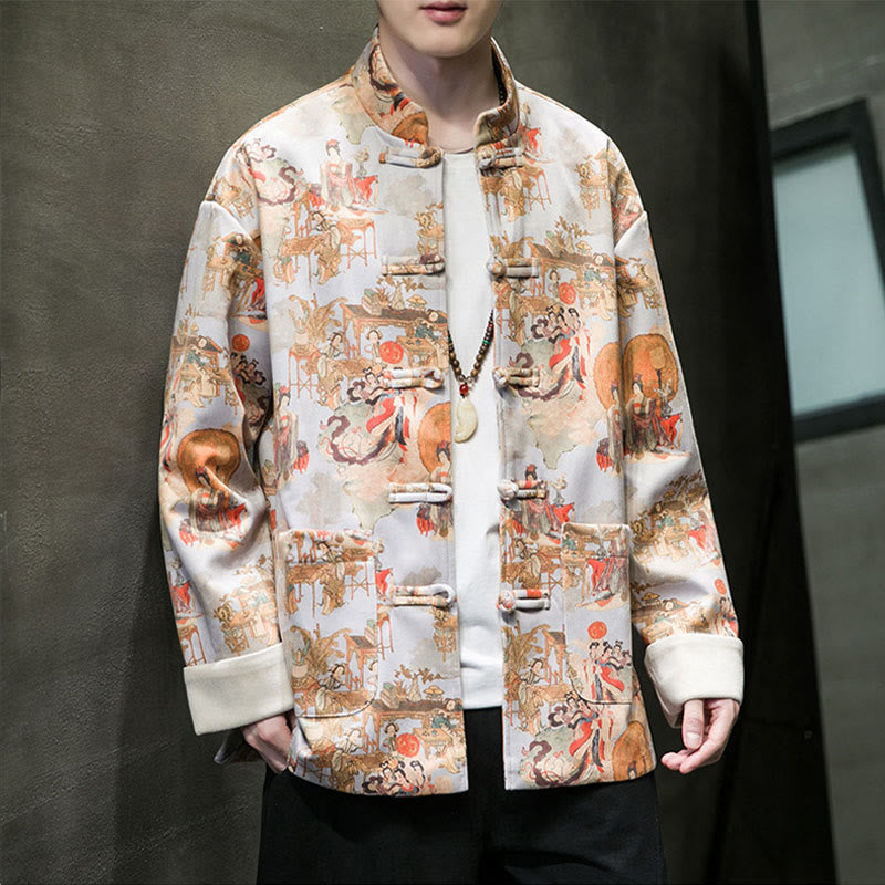 Buddha Stones Chińskie ubrania noworoczne Starożytne malowanie postaci Jednolity kolor mankiet Żaba-guzik Tang Suit Bawełniana męska kurtka koszula z kieszeniami - image 18