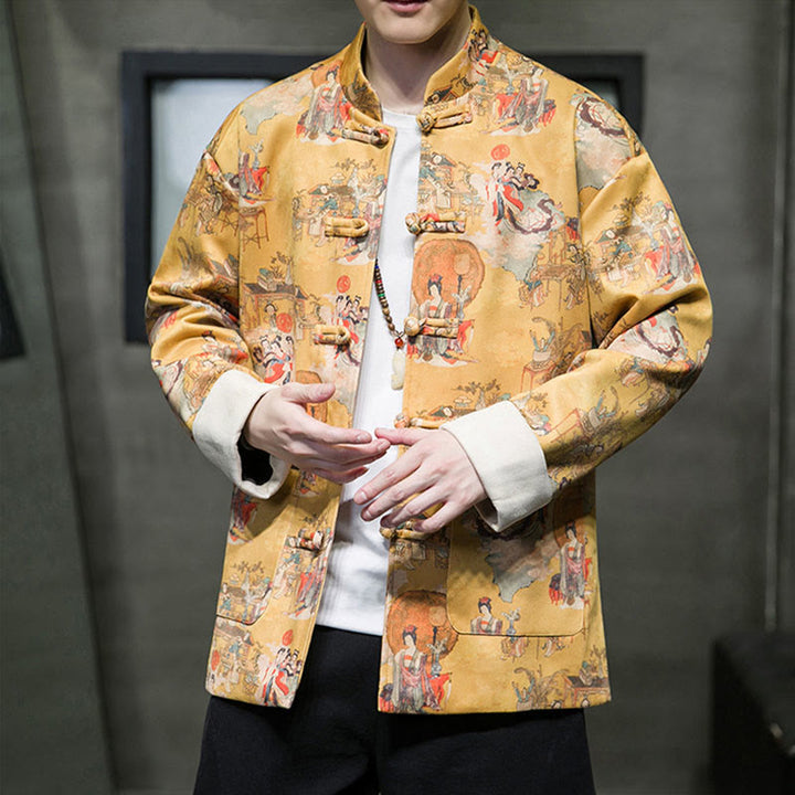 Buddha Stones Chińskie ubrania noworoczne Starożytne malowanie postaci Jednolity kolor mankiet Żaba-guzik Tang Suit Bawełniana męska kurtka koszula z kieszeniami - image 9