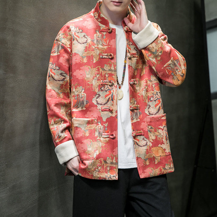 Buddha Stones Chińskie ubrania noworoczne Starożytne malowanie postaci Jednolity kolor mankiet Żaba-guzik Tang Suit Bawełniana męska kurtka koszula z kieszeniami - image 7