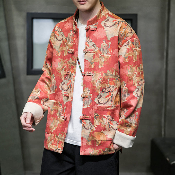 Buddha Stones Chińskie ubrania noworoczne Starożytne malowanie postaci Jednolity kolor mankiet Żaba-guzik Tang Suit Bawełniana męska kurtka koszula z kieszeniami - Pomarańczowo-czerwony - US/UK/AU46， EU56 (5XL) - image 0