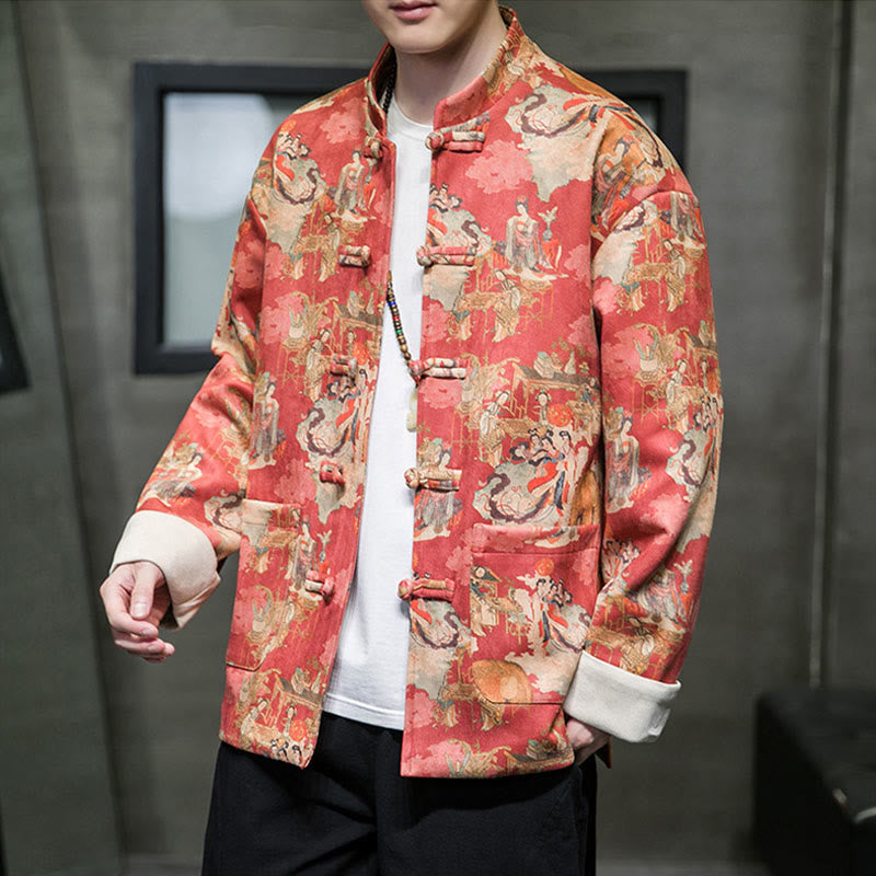 Buddha Stones Chińskie ubrania noworoczne Starożytne malowanie postaci Jednolity kolor mankiet Żaba-guzik Tang Suit Bawełniana męska kurtka koszula z kieszeniami - Pomarańczowo-czerwony - US/UK/AU46， EU56 (5XL) - image 0
