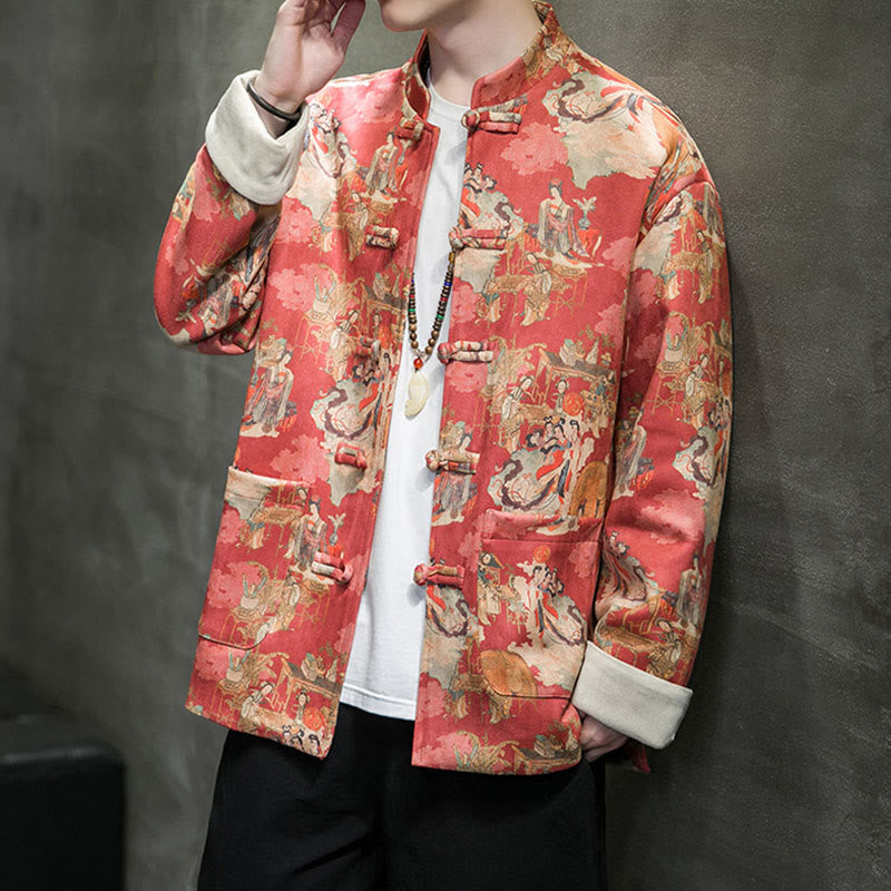 Buddha Stones Chińskie ubrania noworoczne Starożytne malowanie postaci Jednolity kolor mankiet Żaba-guzik Tang Suit Bawełniana męska kurtka koszula z kieszeniami - image 1